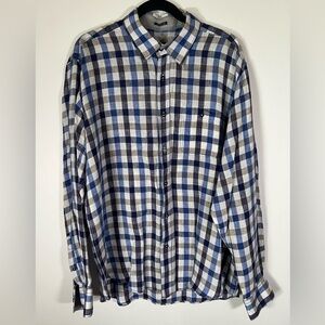 BUGATCHI purple blue white linen plaid shirt sz L long sleeve lightweight casual